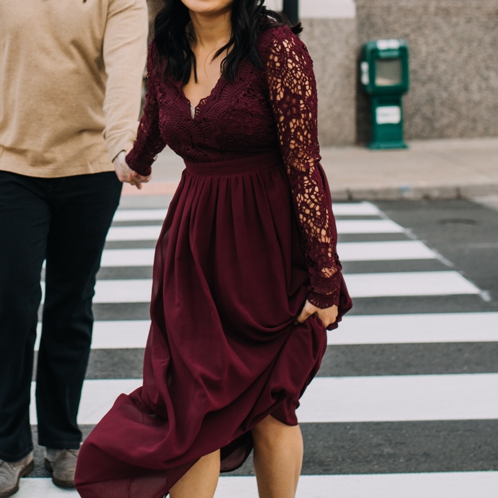 Burgundy long sleeve lace dress